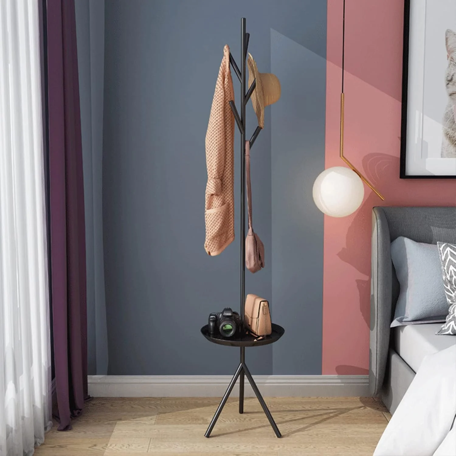جالباسی ایستاده، چوب لباسی با 5 آویز و 1 محفظه نگهداری، سبک صنعتی، جالباسی پایه دار، مناسب برای سازماندهی لباس، کیف و چتر در ورودی منزل