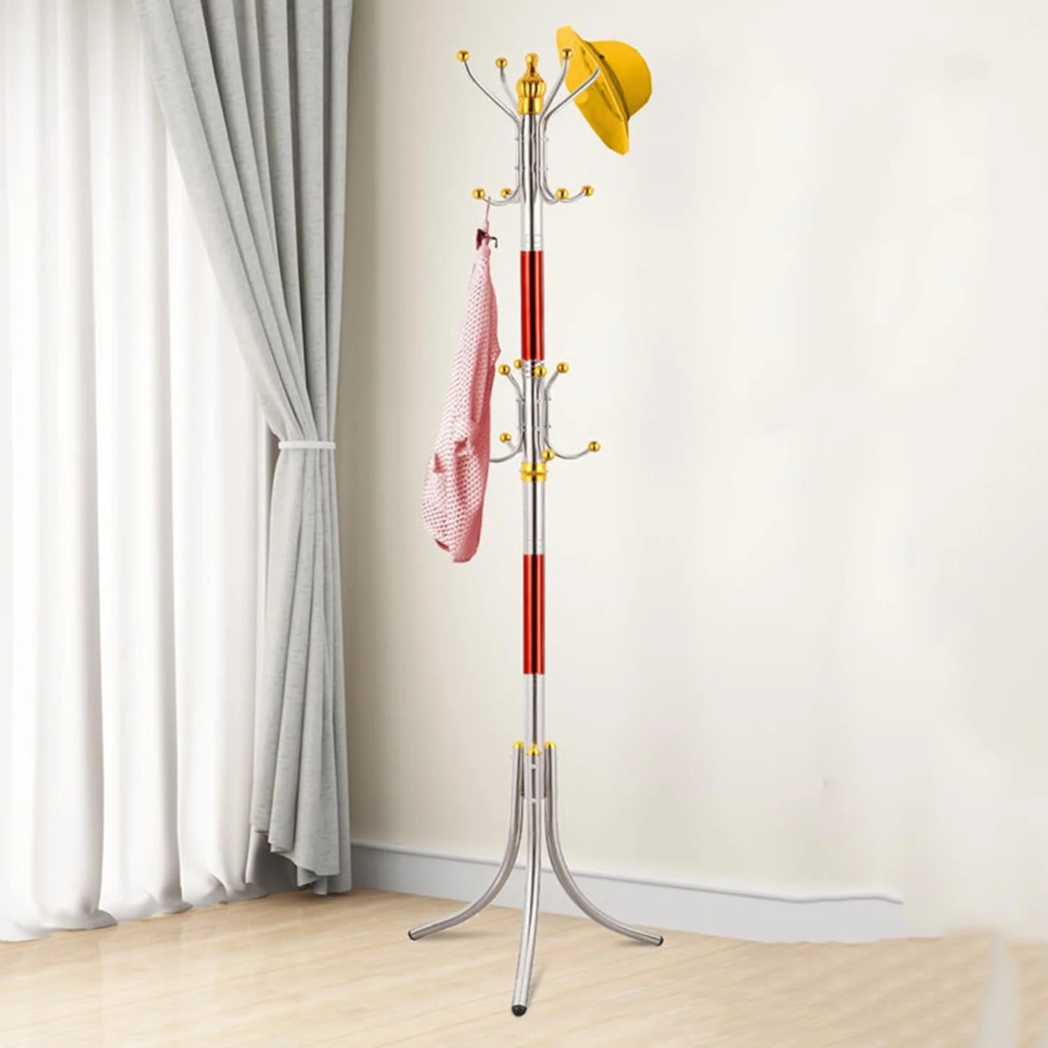 چوب لباسی ایستاده، چوب لباسی استیل ضد زنگ با 16 آویز، آویز لباس برای کت، پوشاک، کلاه، چتر، شال گردن در راهرو، ورودی