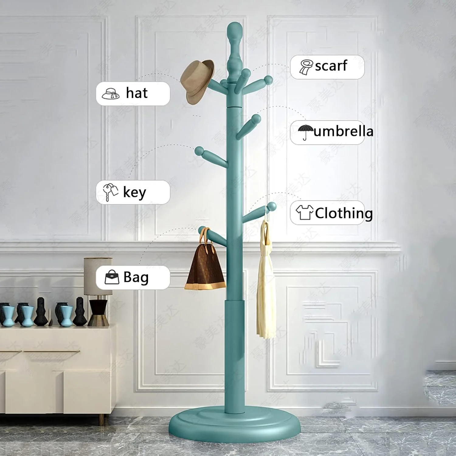 چوب لباسی ایستاده درختی چوبی با 8 آویز، مناسب برای منزل، اتاق خواب، اداره، راهرو، ورودی
