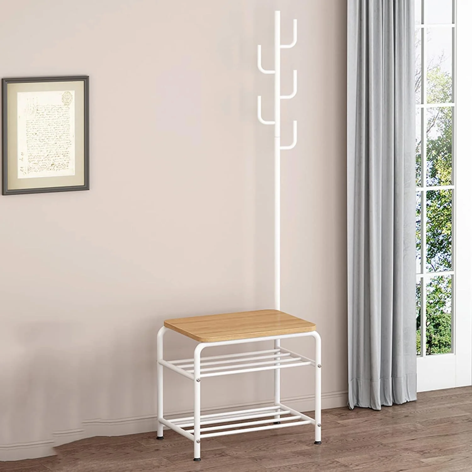 جالباسی ایستاده، جاکفشی نیمکت دار، طراحی 3 در 1، جالباسی سبک صنعتی برای اتاق خواب، دفتر و ورودی راهرو