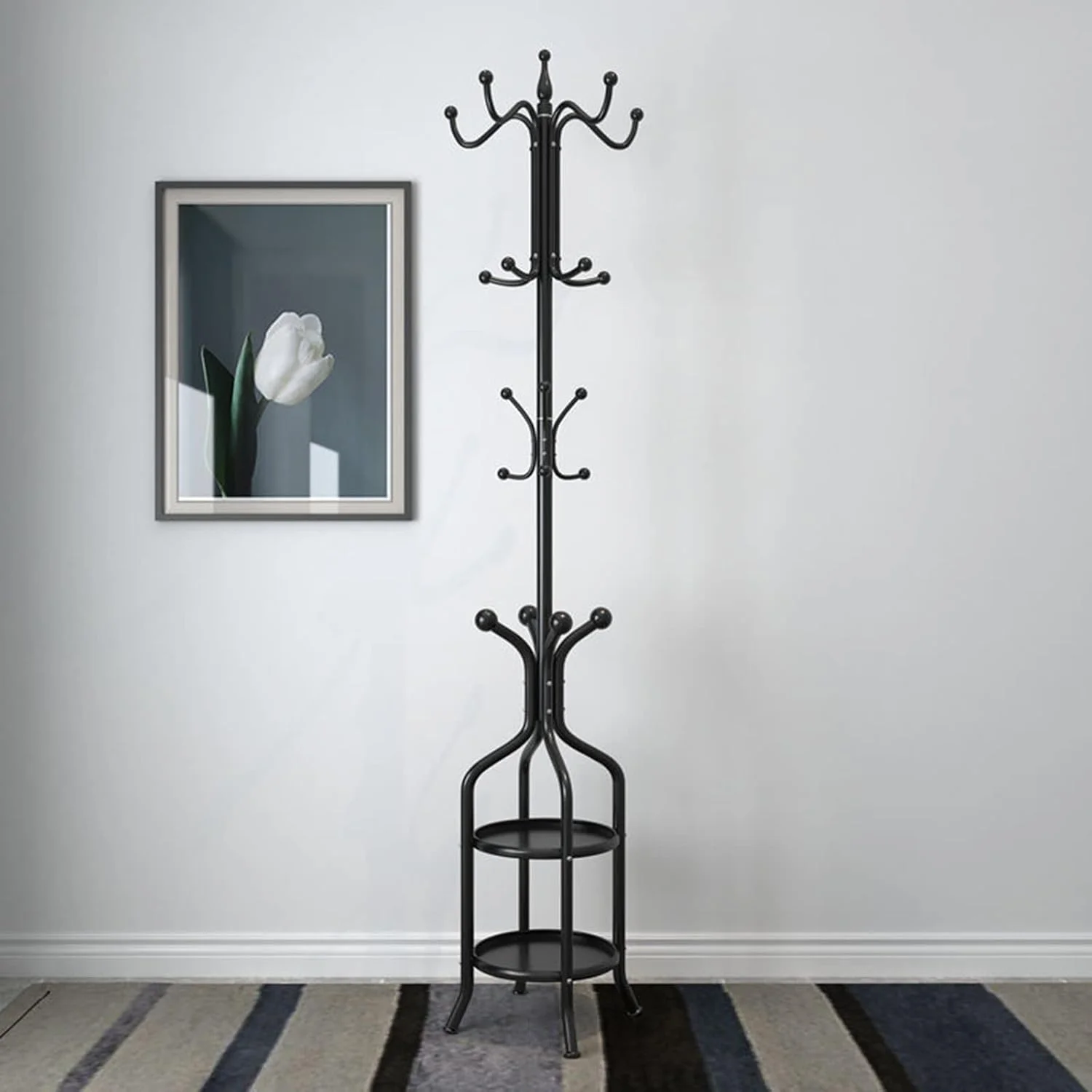 جالباسی ایستاده فلزی با ۱۶ آویز و ۲ طبقه پارتیشن، مناسب برای لباس، شال، کیف دستی، مشکی