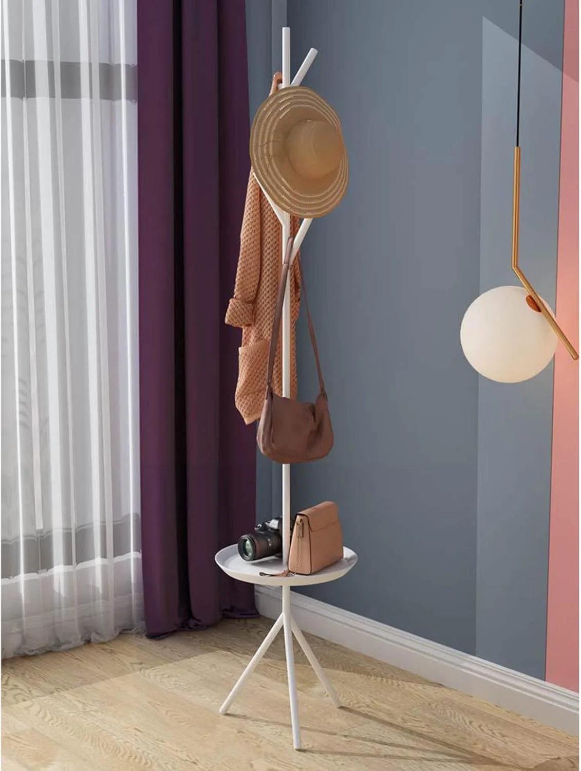 جالباسی ایستاده، چوب لباسی با 5 آویز و 1 فضای ذخیره سازی، سبک صنعتی، استند جالباسی و نظم دهنده ورودی برای لباس، کیف، چتر