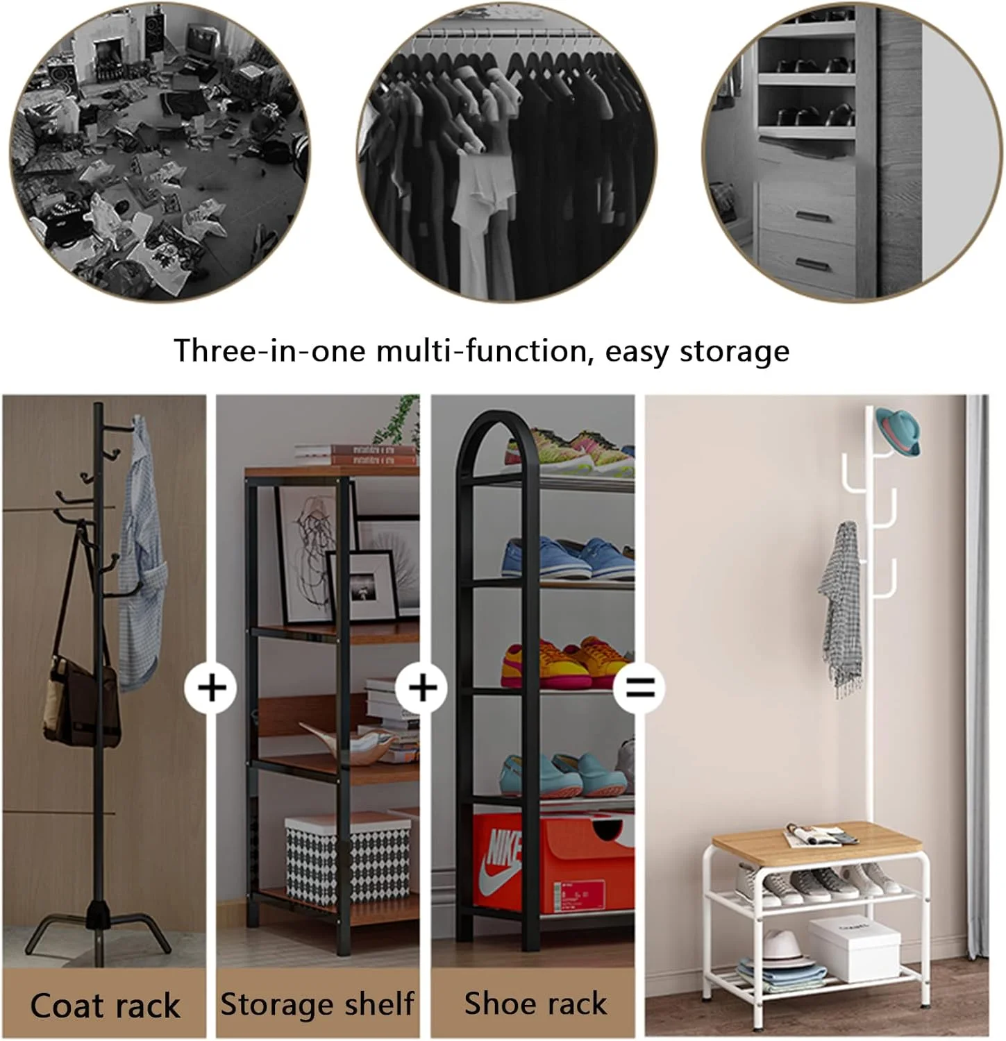 جالباسی ایستاده، جاکفشی نیمکت دار، طراحی 3 در 1، جالباسی سبک صنعتی برای اتاق خواب، دفتر و ورودی راهرو