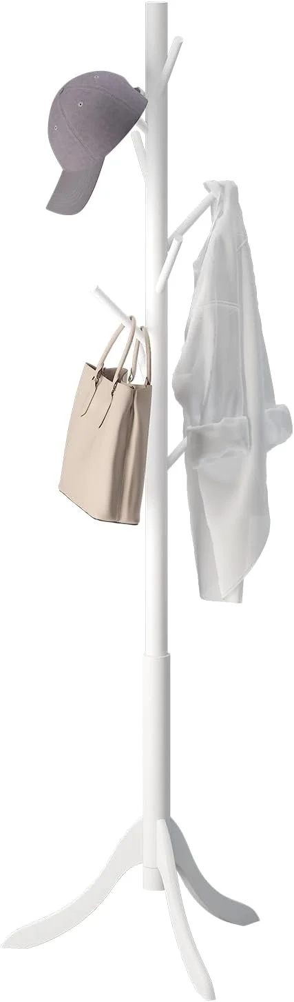 جالباسی ایستاده با ۸ آویز، جالباسی درختی قابل تنظیم با نصب آسان برای کت، کلاه، شال گردن و کیف دستی برای ورودی، راهرو، اتاق خواب، دفتر (بامبو، سفید)