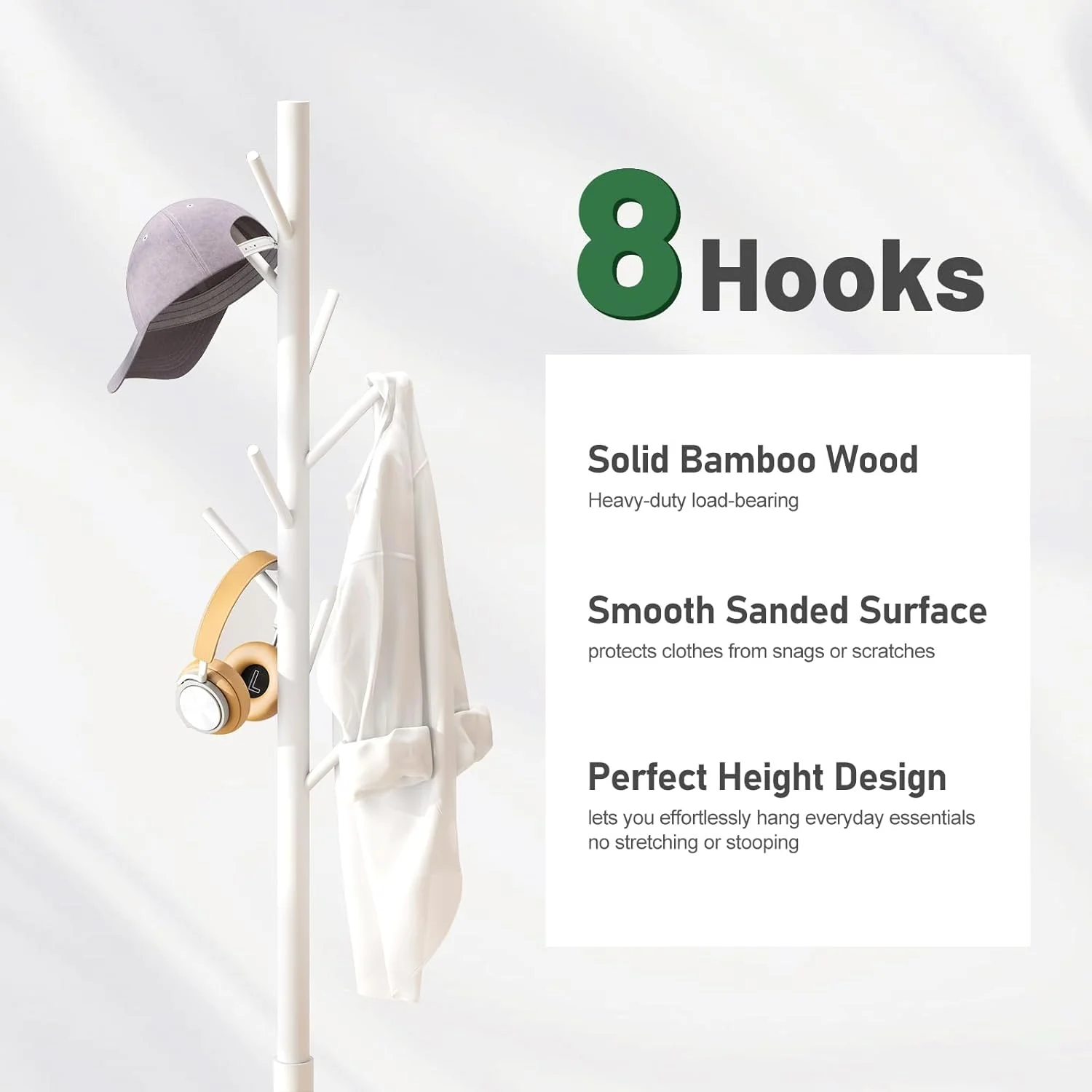جالباسی ایستاده با ۸ آویز، جالباسی درختی قابل تنظیم با نصب آسان برای کت، کلاه، شال گردن و کیف دستی برای ورودی، راهرو، اتاق خواب، دفتر (بامبو، سفید)