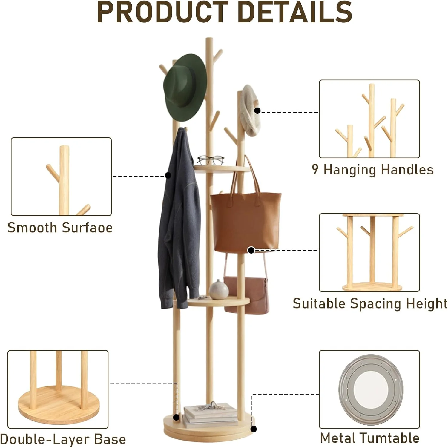 جالباسی ایستاده Simcat با ۸ آویز، رخت آویز چوبی با قفسه های ذخیره سازی، جالباسی سه طبقه با قفسه برای کلاه، ژاکت، چتر، مناسب اتاق خواب، دفتر کار، راهرو، رنگ چوب