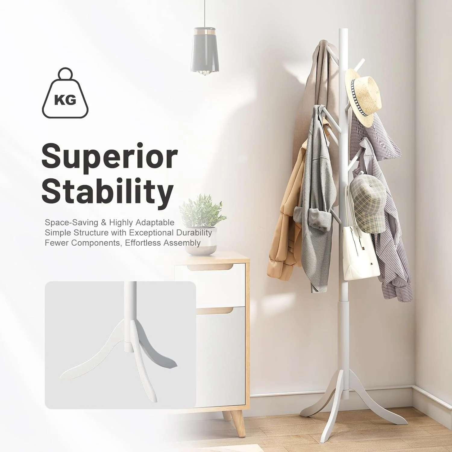 جالباسی ایستاده با ۸ آویز، جالباسی درختی قابل تنظیم با نصب آسان برای کت، کلاه، شال گردن و کیف دستی برای ورودی، راهرو، اتاق خواب، دفتر (بامبو، سفید)