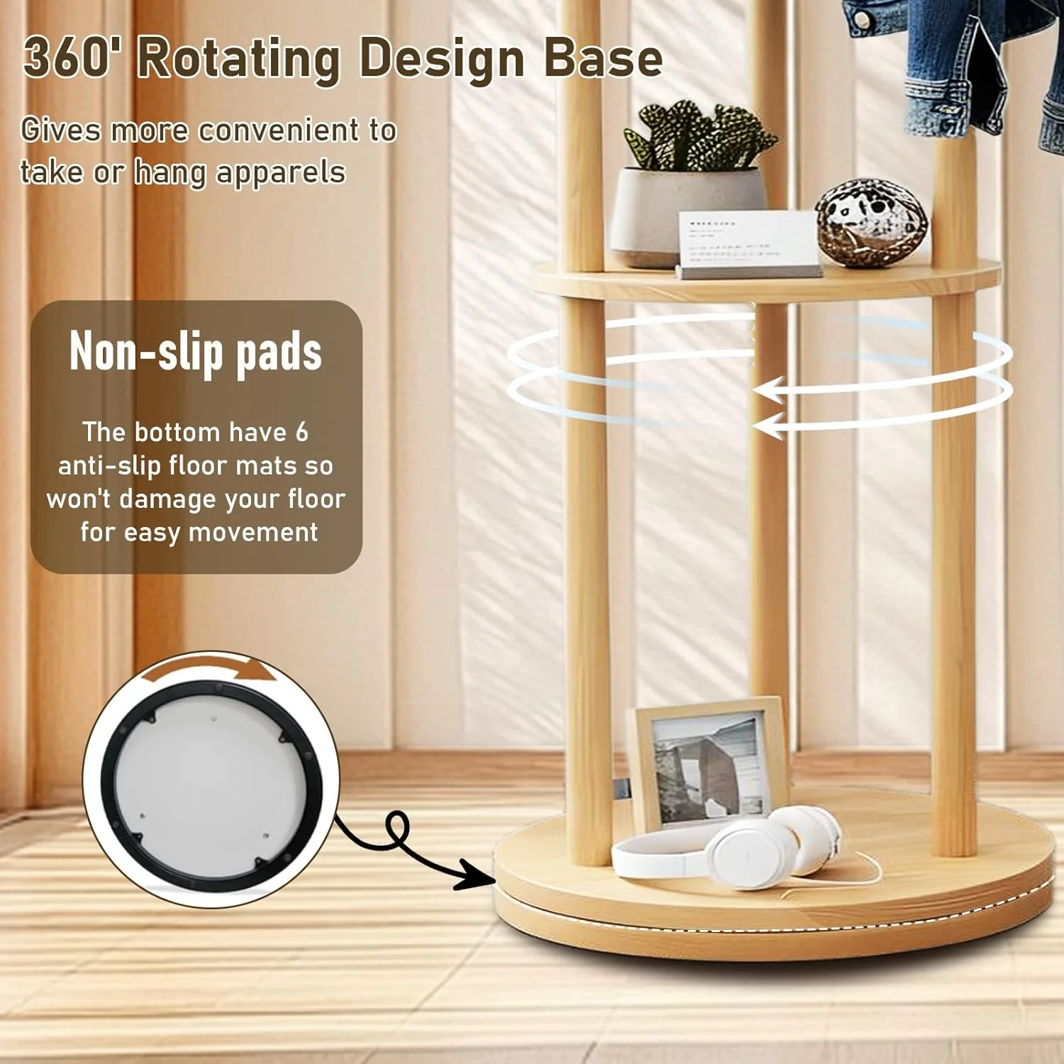 جالباسی ایستاده Simcat با ۸ آویز، رخت آویز چوبی با قفسه های ذخیره سازی، جالباسی سه طبقه با قفسه برای کلاه، ژاکت، چتر، مناسب اتاق خواب، دفتر کار، راهرو، رنگ چوب