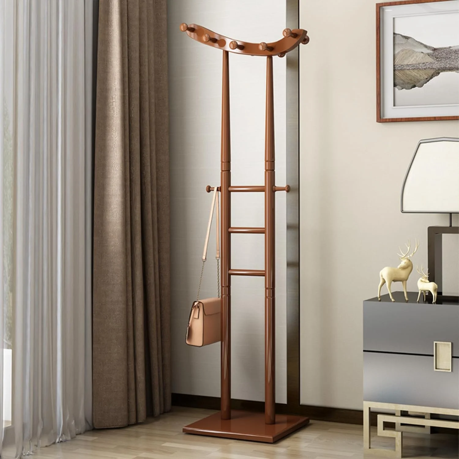 جالباسی ایستاده چوبی 170 سانتی‌متری، جالباسی مستقل با پایه محکم، پرداخت ماهاگونی برای ورودی اتاق خواب