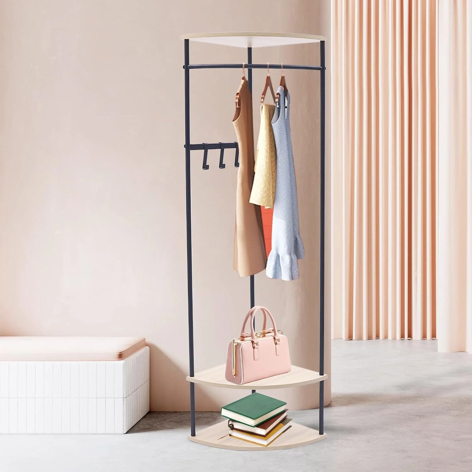 جالباسی ایستاده گوشه ای، مونتاژ آسان با 3 آویز، طراحی صنعتی با قاب فلزی، مناسب اتاق خواب، دفتر کار، راهرو ورودی، ابعاد 60x160 سانتی متر