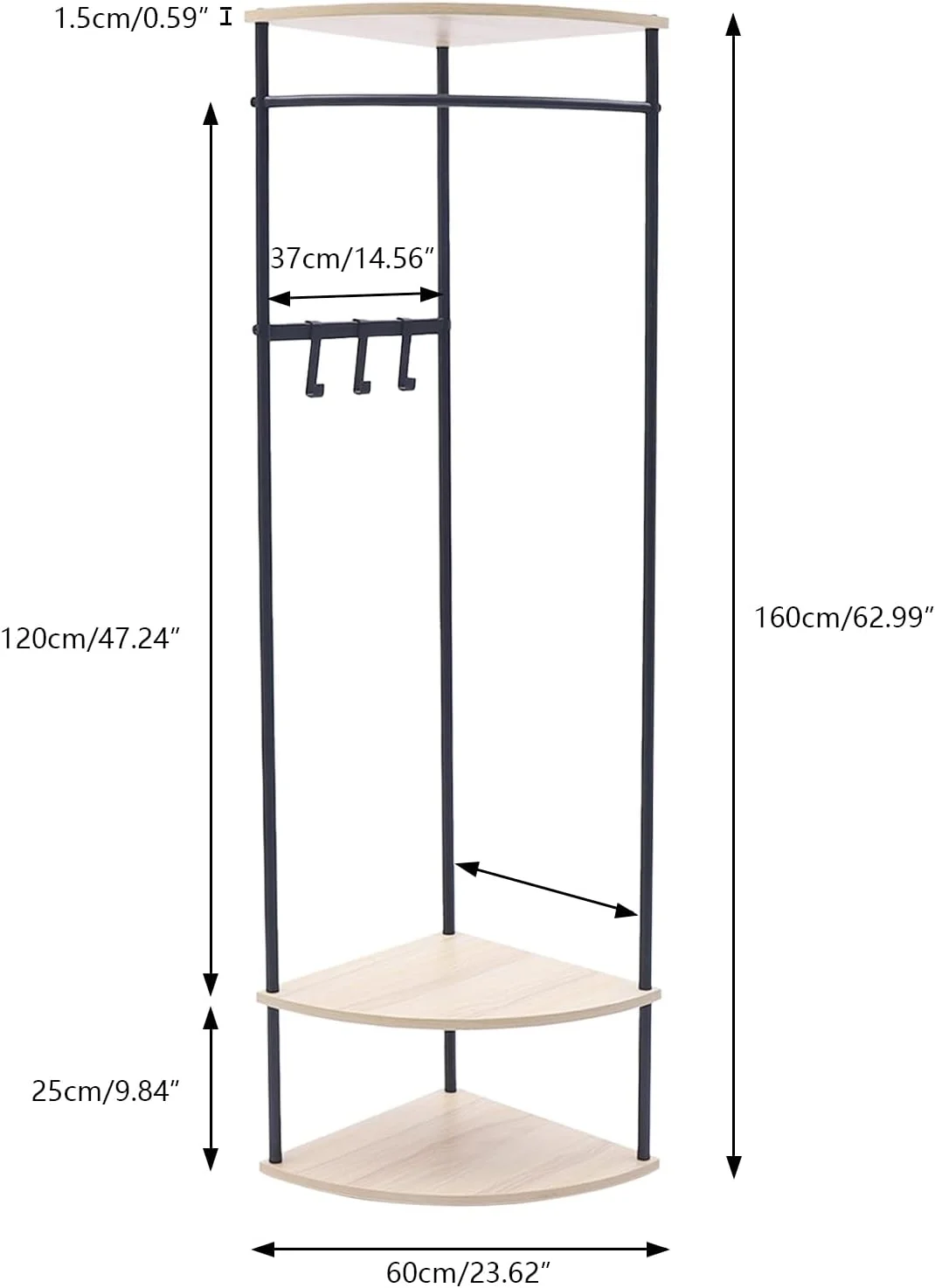 جالباسی ایستاده گوشه ای، مونتاژ آسان با 3 آویز، طراحی صنعتی با قاب فلزی، مناسب اتاق خواب، دفتر کار، راهرو ورودی، ابعاد 60x160 سانتی متر