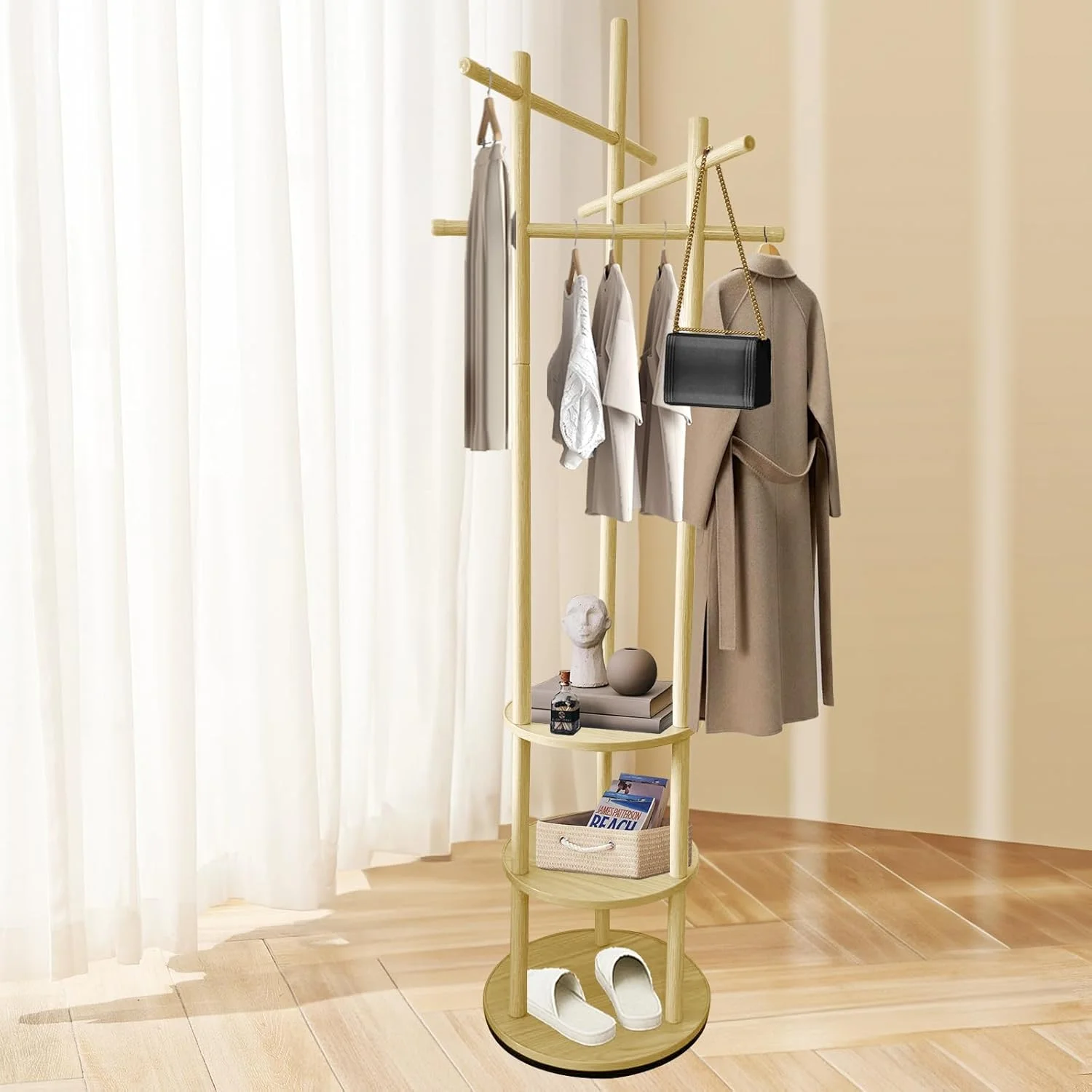 چوب لباسی ایستاده چوبی 150 سانتی‌متری مناسب راهرو با 3 میله در ارتفاع‌های مختلف، دارای محفظه ذخیره‌سازی برای لباس، ژاکت و کلاه