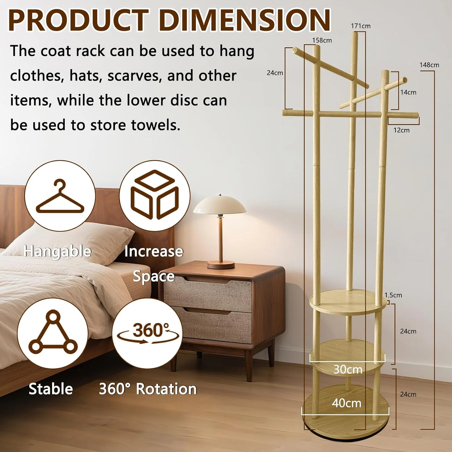 چوب لباسی ایستاده چوبی 150 سانتی‌متری مناسب راهرو با 3 میله در ارتفاع‌های مختلف، دارای محفظه ذخیره‌سازی برای لباس، ژاکت و کلاه