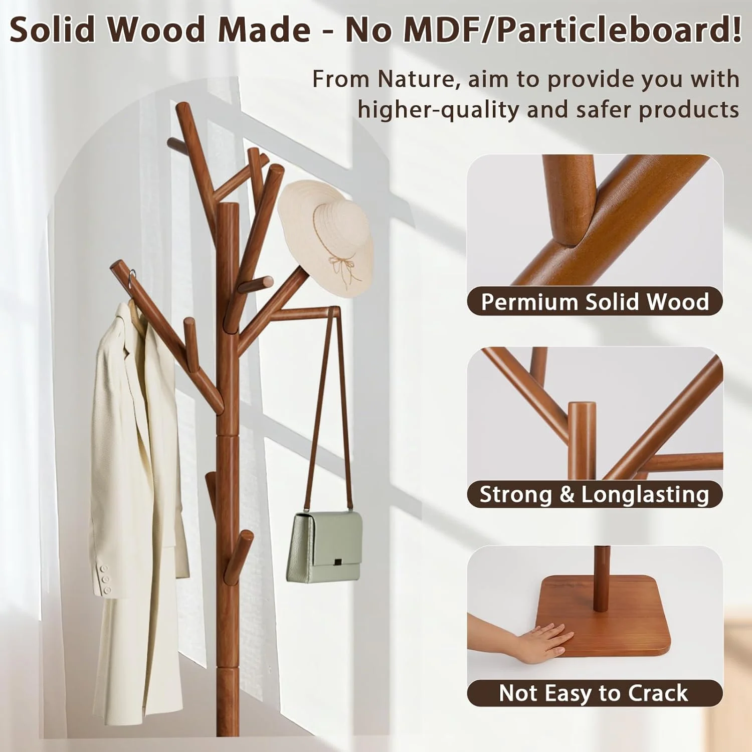چوب لباسی ایستاده چوبی با ۱۴ آویز، رخت آویز ایستاده با قابلیت تحمل وزن بالا، مناسب برای ورودی خانه، آویز لباس، کت، کلاه و کیف، با ارتفاع قابل تنظیم