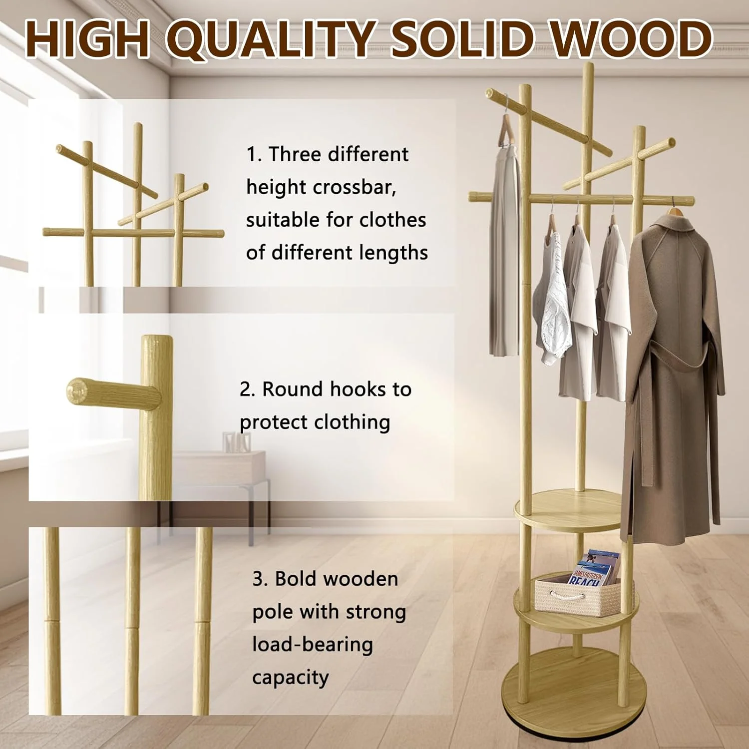 چوب لباسی ایستاده چوبی 150 سانتی‌متری مناسب راهرو با 3 میله در ارتفاع‌های مختلف، دارای محفظه ذخیره‌سازی برای لباس، ژاکت و کلاه