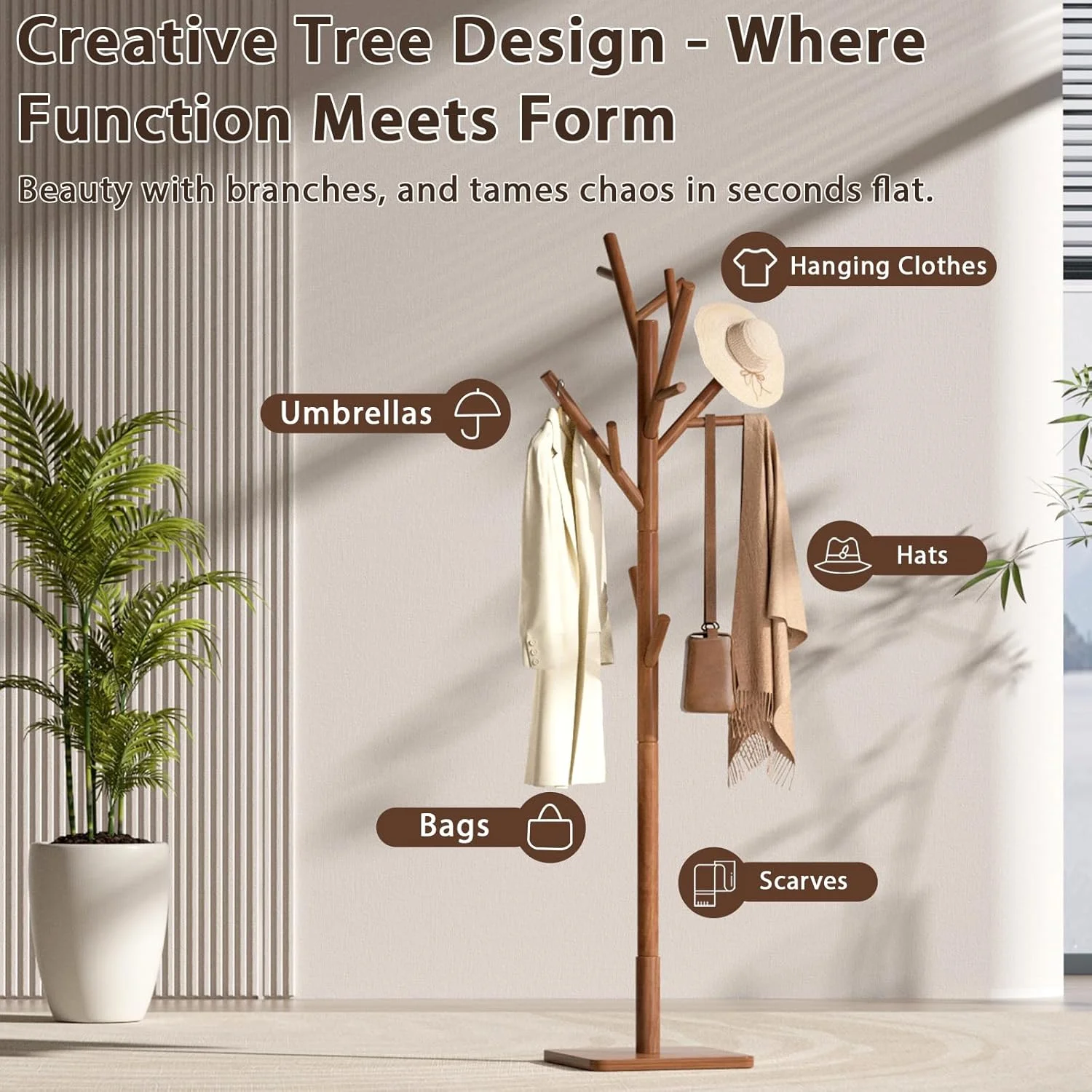 چوب لباسی ایستاده چوبی با ۱۴ آویز، رخت آویز ایستاده با قابلیت تحمل وزن بالا، مناسب برای ورودی خانه، آویز لباس، کت، کلاه و کیف، با ارتفاع قابل تنظیم