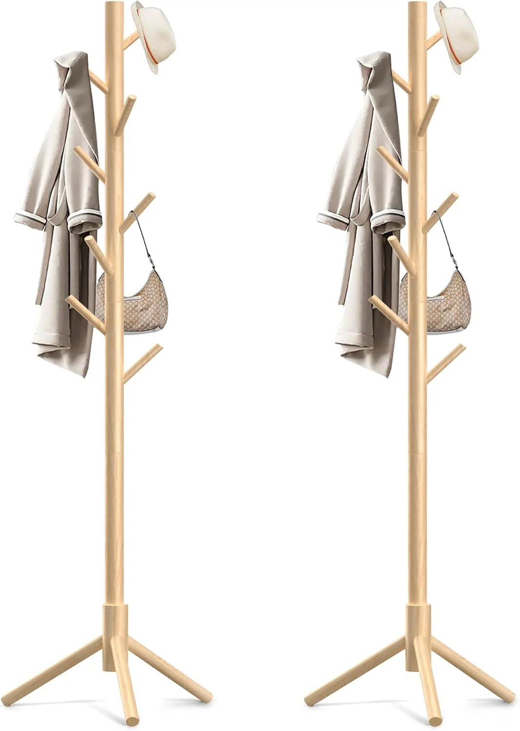 چوب لباسی ایستاده چوبی، جالباسی ایستاده با 8 آویز، درخت جالباسی با 3 اندازه قابل تنظیم برای کلاه، کت، شال، کیف، آویز لباس مورد استفاده در اتاق خواب/دفتر/ورودی، 2 عدد (طبیعی)