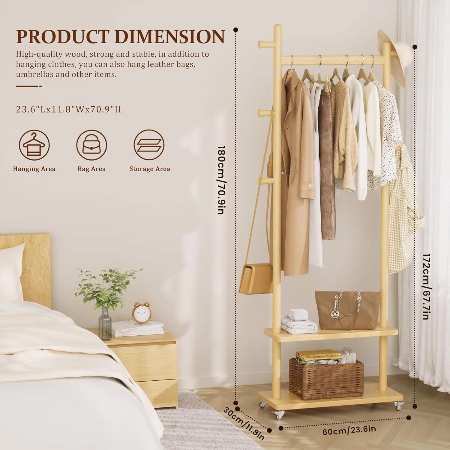 رخت آویز ایستاده با چرخ و 2 طبقه و 5 آویز، رخت آویز سنگین چوبی، آویز کلاه مناسب گوشه اتاق خواب، ورودی، اتاق نشیمن، هتل سایز بزرگ