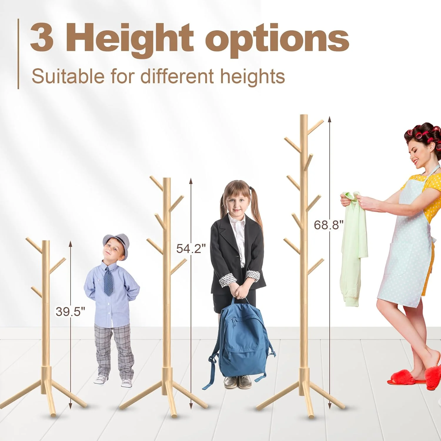 چوب لباسی ایستاده چوبی، جالباسی ایستاده با 8 آویز، درخت جالباسی با 3 اندازه قابل تنظیم برای کلاه، کت، شال، کیف، آویز لباس مورد استفاده در اتاق خواب/دفتر/ورودی، 2 عدد (طبیعی)