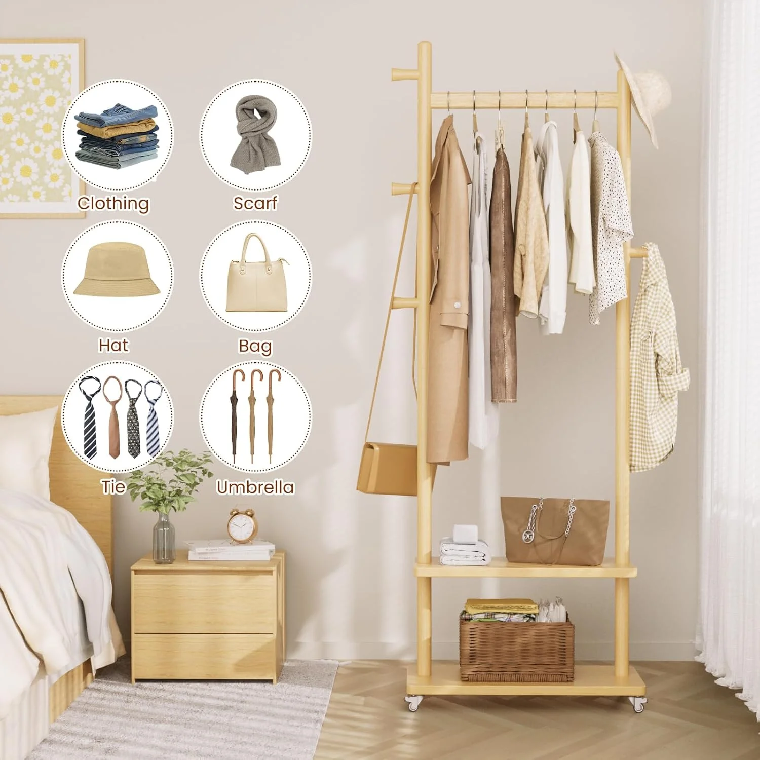 رخت آویز ایستاده با چرخ و 2 طبقه و 5 آویز، رخت آویز سنگین چوبی، آویز کلاه مناسب گوشه اتاق خواب، ورودی، اتاق نشیمن، هتل سایز بزرگ