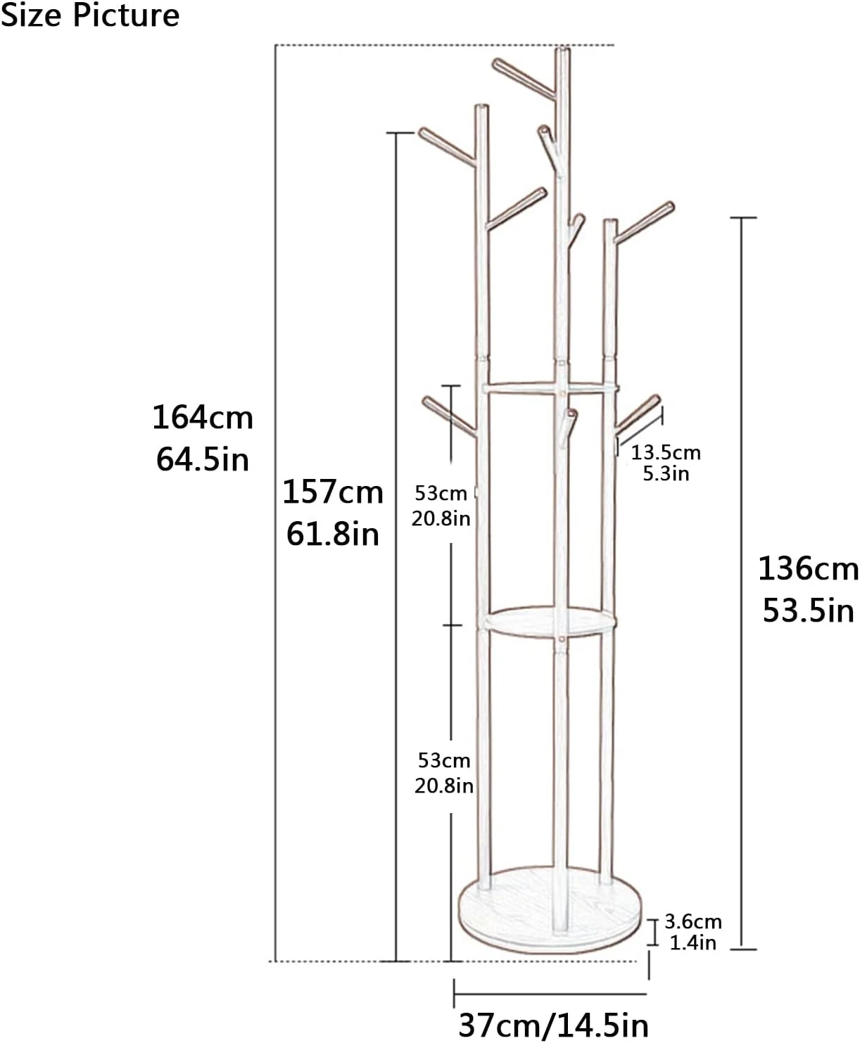 جالباسی ایستاده چوبی، با قابلیت چرخش 360 درجه، دارای 9 آویز و 3 طبقه برای آویزان کردن کت، ژاکت، کلاه، کیف، شال و کراوات