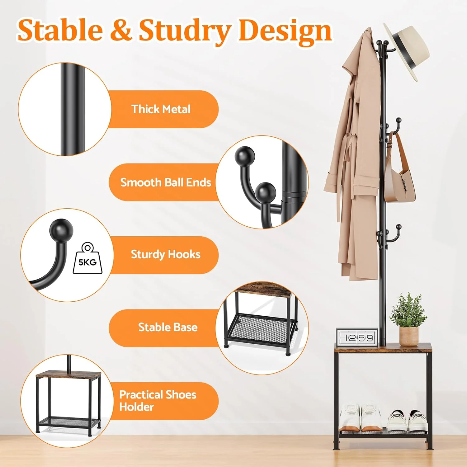 جالباسی ایستاده WHEARTED، جالباسی کلاه با نیمکت و محل نگهداری کفش، آویز لباس 3 در 1، آویز کیف، آویز لباس، جالباسی گوشه ورودی با محل نگهداری کفش، طرح قدیمی