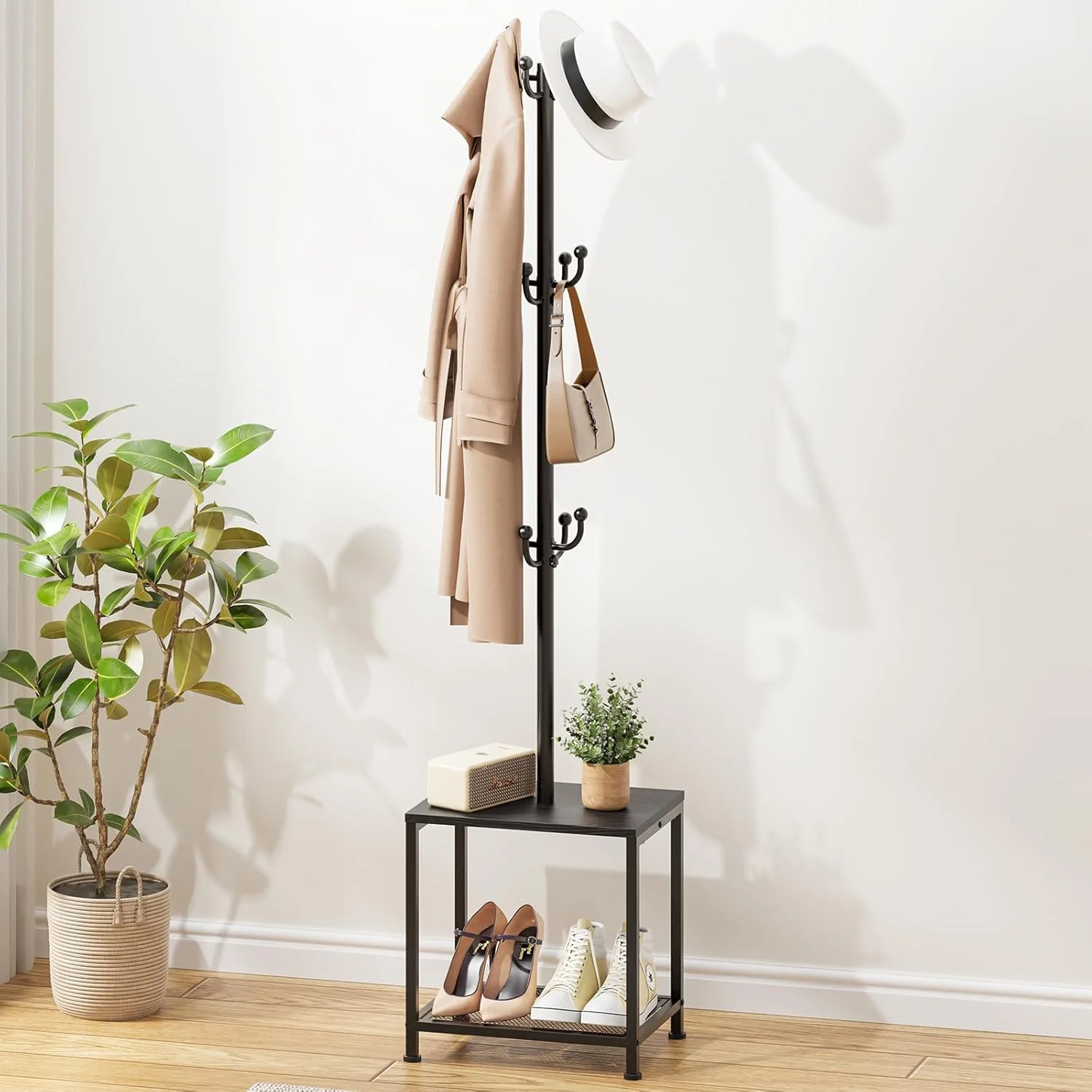 جالباسی ایستاده با نیمکت و محل نگهداری کفش، جالباسی ایستاده، نیمکت کفش، آویز گوشه ای، استند کلاه، استند کیف، جالباسی مشکی با قفسه