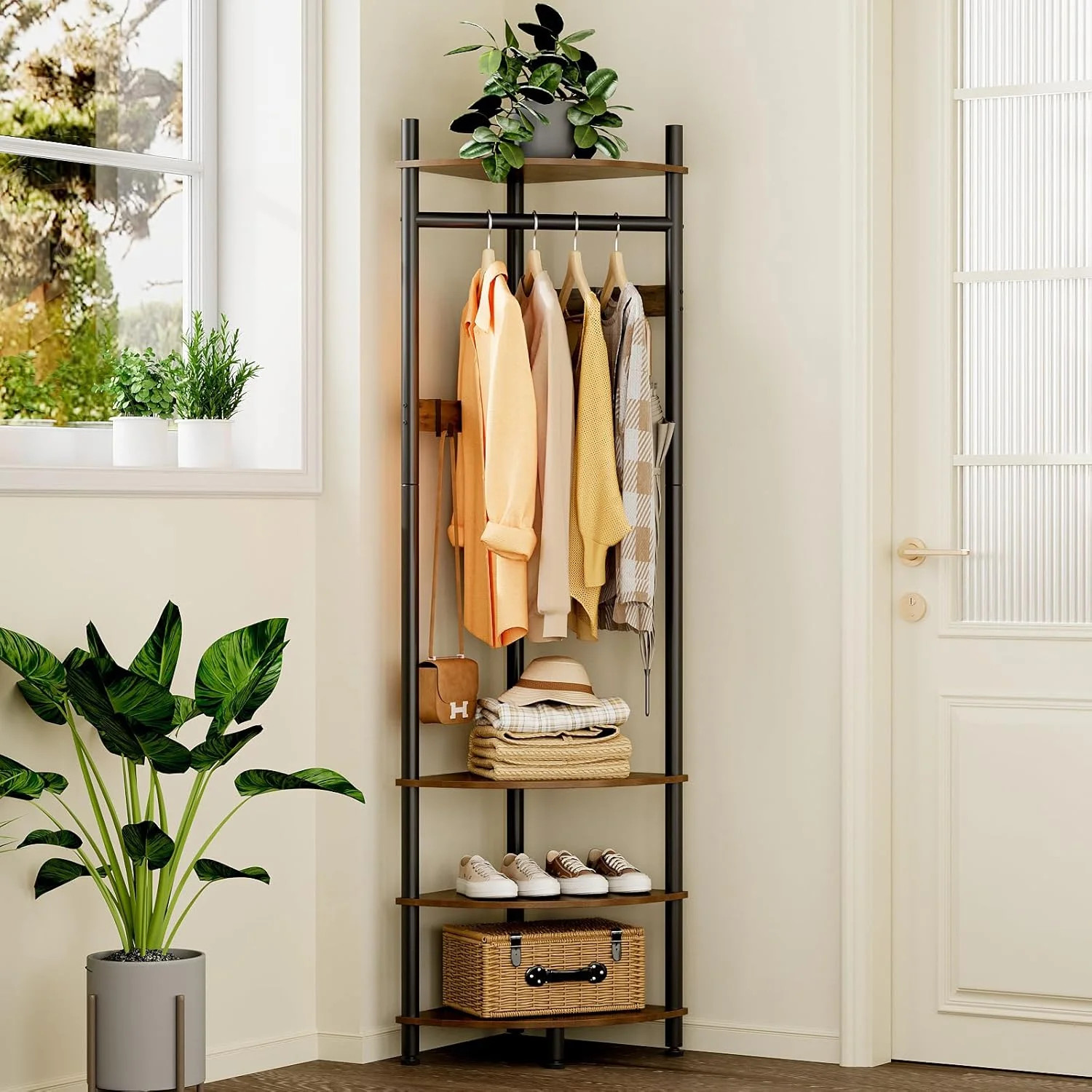 جالباسی گوشه ای GiftGo با جاکفشی، رخت آویز ورودی با 6 قلاب فلزی متحرک، رخت آویز ایستاده برای اتاق خواب اداری منزل (قهوه ای روستیک)