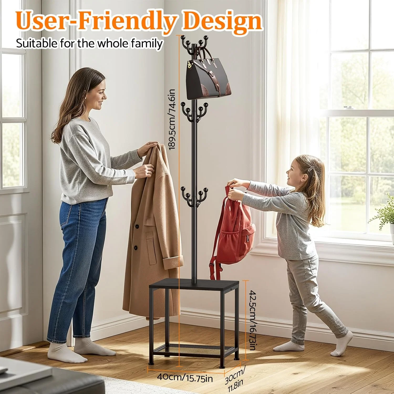 جالباسی ایستاده با نیمکت و محل نگهداری کفش، جالباسی ایستاده، نیمکت کفش، آویز گوشه ای، استند کلاه، استند کیف، جالباسی مشکی با قفسه