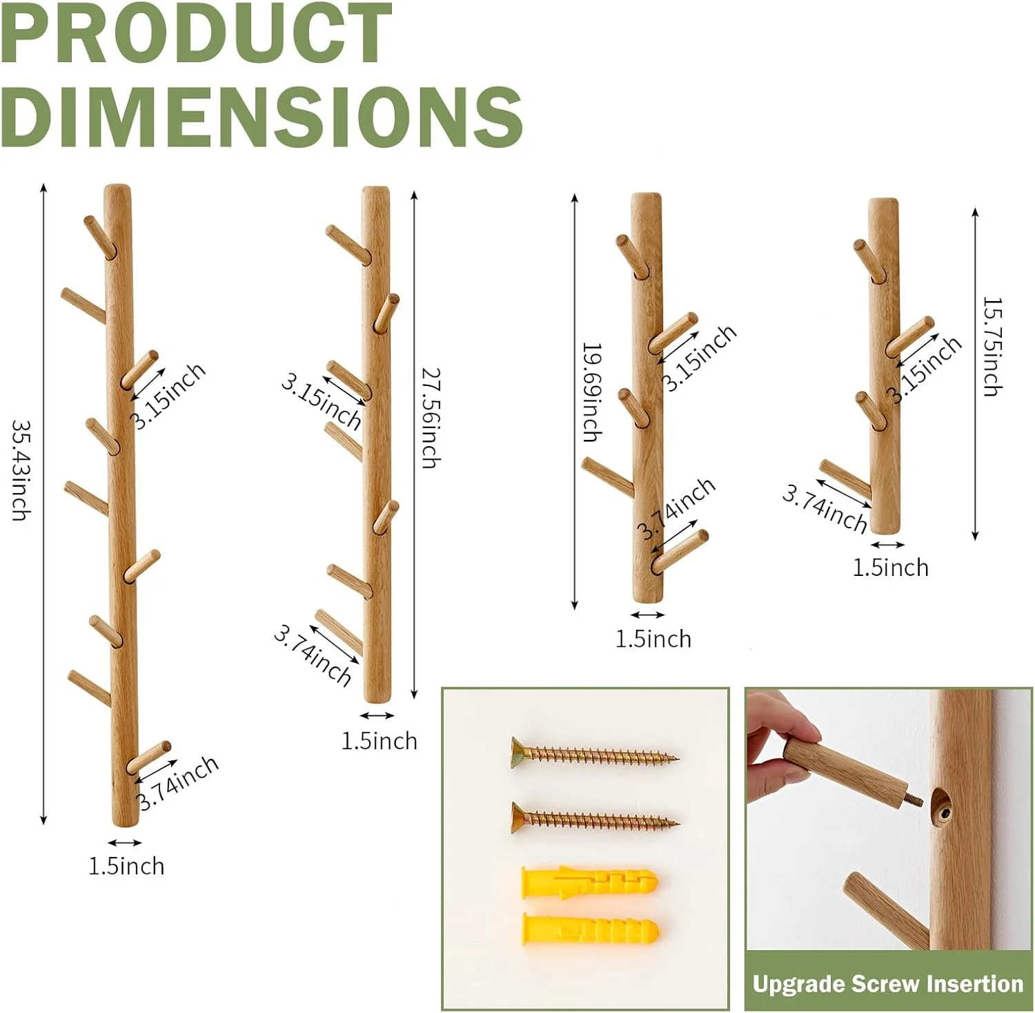 جالباسی دیواری عمودی TRWISWDC - ارتفاع 50 سانتیمتر، جالباسی کلاه عمودی چوبی بلوط برای دیوار با 5 آویز، جالباسی مدرن برای آویزان کردن کلاه، ژاکت، کیف در ورودی اتاق خواب دفتر