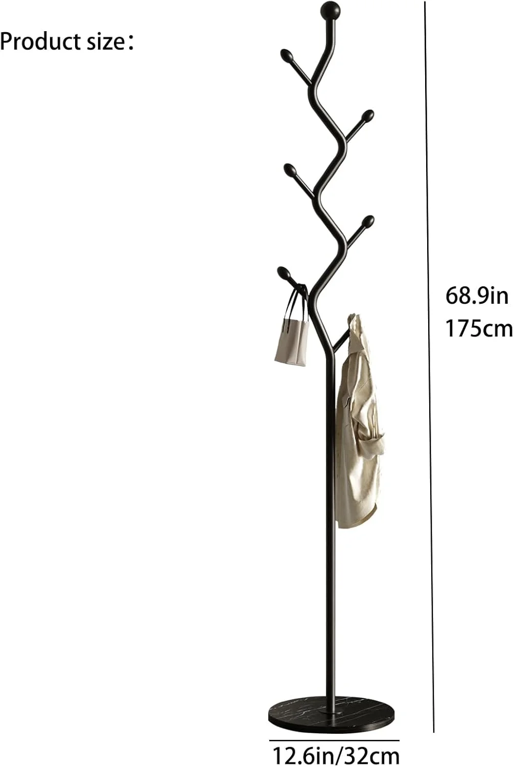 چوب لباسی ایستاده طرح شاخه درختی BUZUEY با 6 آویز و پایه مرمرین محکم، مناسب برای ورودی/گلخانه/اتاق خواب/راهرو/دفتر کار خانگی (مشکی)