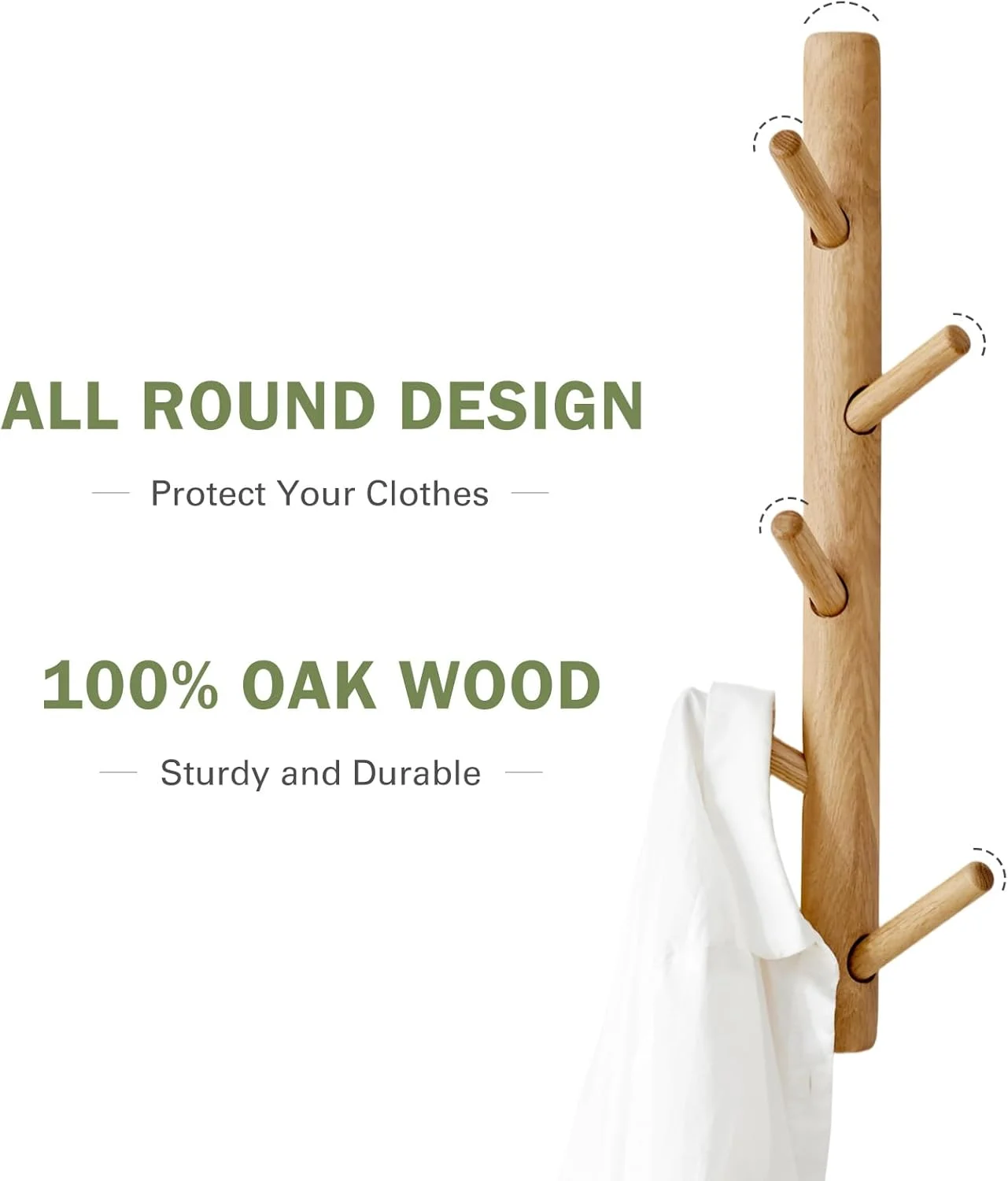 جالباسی دیواری عمودی TRWISWDC - ارتفاع 50 سانتیمتر، جالباسی کلاه عمودی چوبی بلوط برای دیوار با 5 آویز، جالباسی مدرن برای آویزان کردن کلاه، ژاکت، کیف در ورودی اتاق خواب دفتر