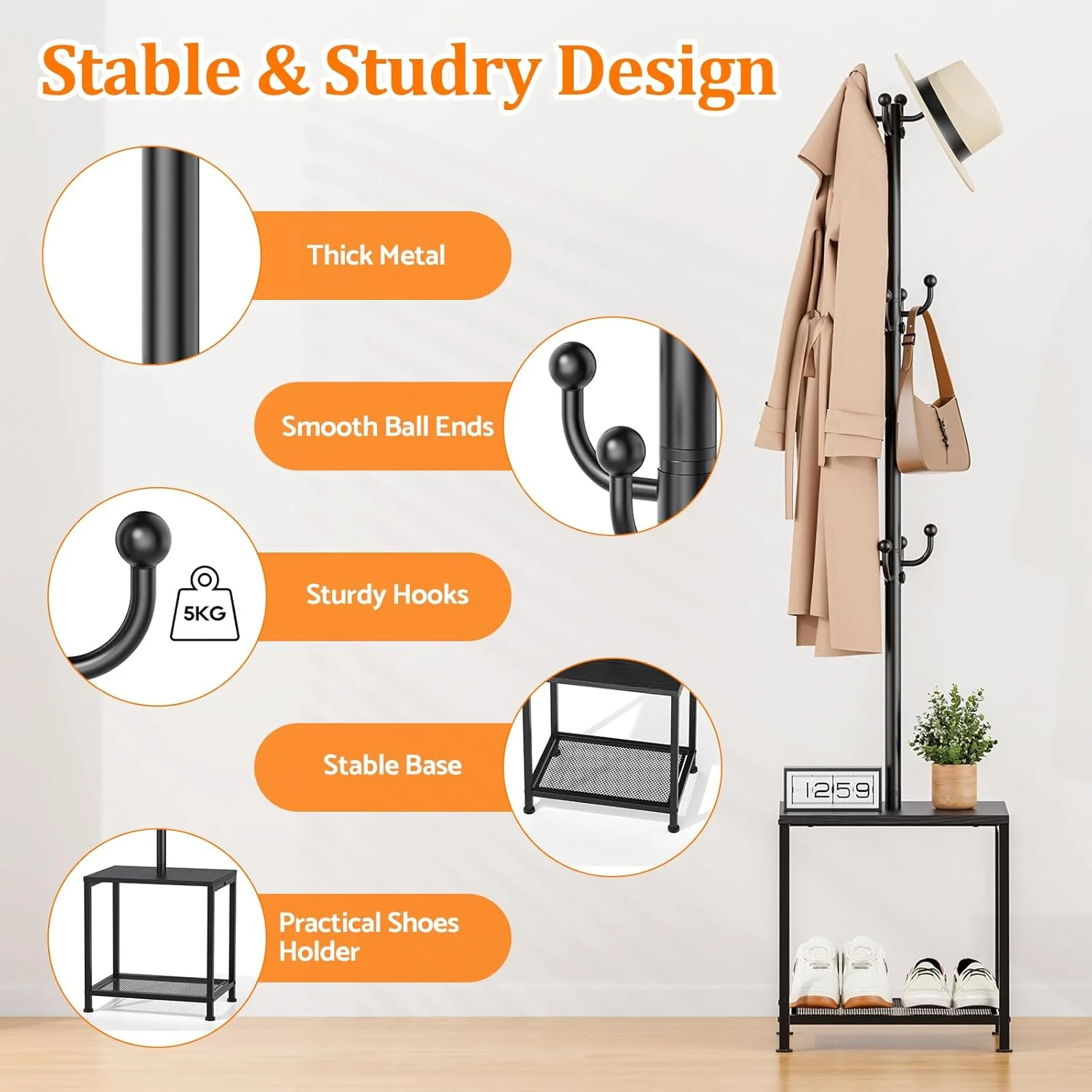 جالباسی ایستاده با نیمکت و محل نگهداری کفش، جالباسی ایستاده، نیمکت کفش، آویز گوشه ای، استند کلاه، استند کیف، جالباسی مشکی با قفسه