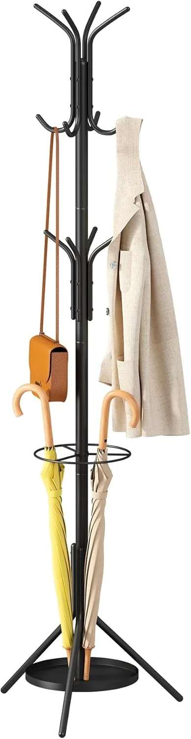 رخت آویز ایستاده مشکی رنگ Vriccc، دارای جا چتری، قفسه با ارتفاع قابل تنظیم و 12 آویز، مناسب برای استفاده در اتاق خواب، اتاق نشیمن و دفتر کار برای آویزان کردن لباس، کلاه و کیف