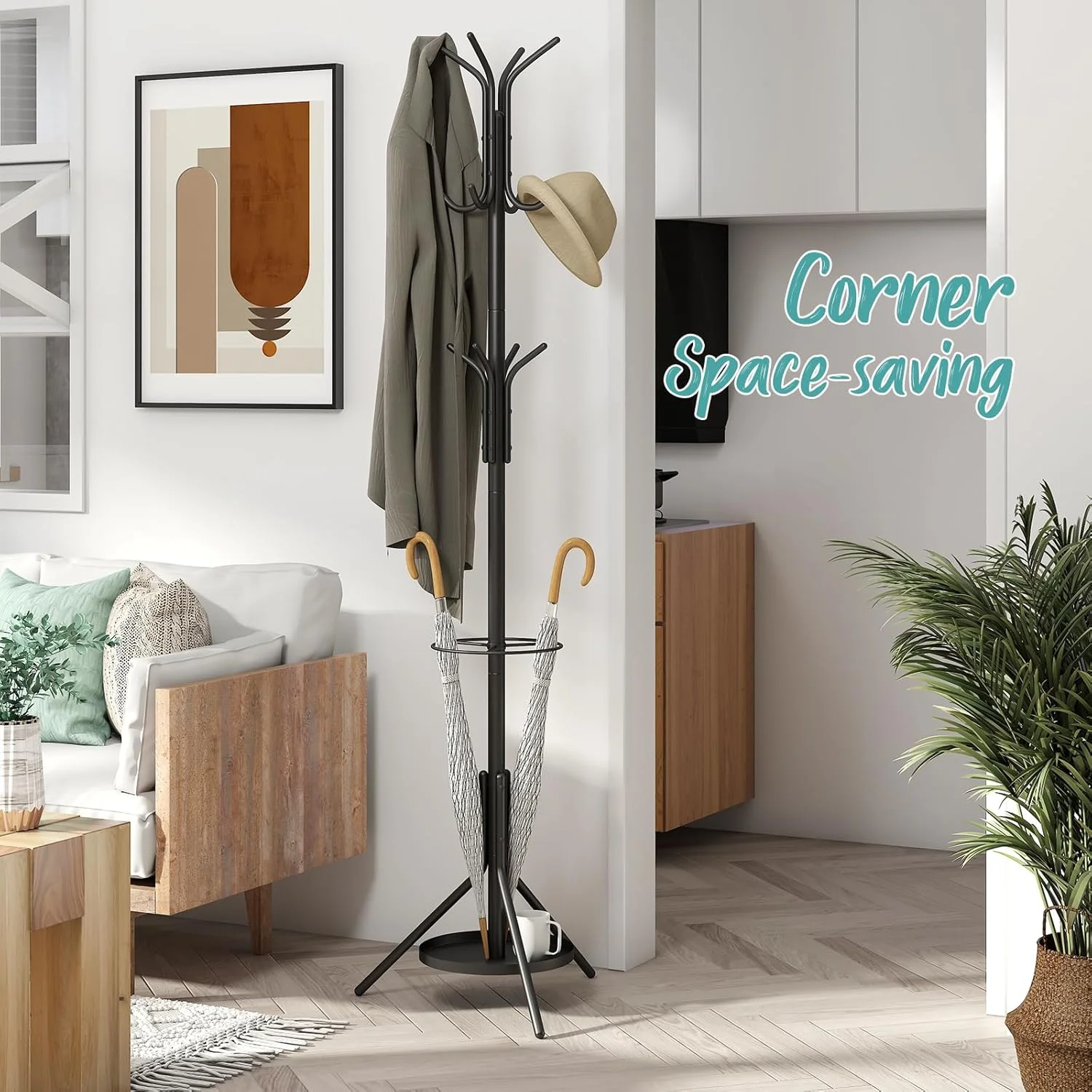 رخت آویز ایستاده مشکی رنگ Vriccc، دارای جا چتری، قفسه با ارتفاع قابل تنظیم و 12 آویز، مناسب برای استفاده در اتاق خواب، اتاق نشیمن و دفتر کار برای آویزان کردن لباس، کلاه و کیف