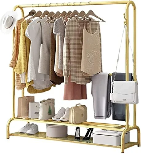 چوب لباسی طلایی سنگین با قفسه دو طبقه - رگال لباس شیک برای اتاق خواب و بالکن مدرن (150x35x160 سانتی متر) - سازمان دهنده بادوام لباس