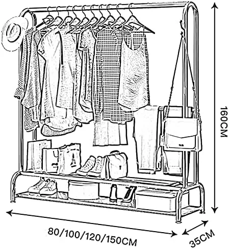 چوب لباسی طلایی سنگین با قفسه دو طبقه - رگال لباس شیک برای اتاق خواب و بالکن مدرن (150x35x160 سانتی متر) - سازمان دهنده بادوام لباس