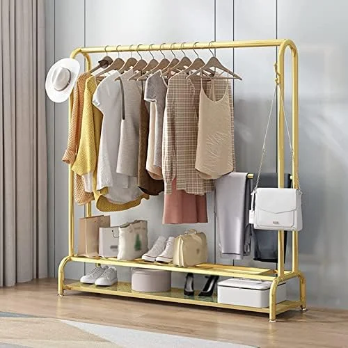 چوب لباسی طلایی سنگین با قفسه دو طبقه - رگال لباس شیک برای اتاق خواب و بالکن مدرن (150x35x160 سانتی متر) - سازمان دهنده بادوام لباس