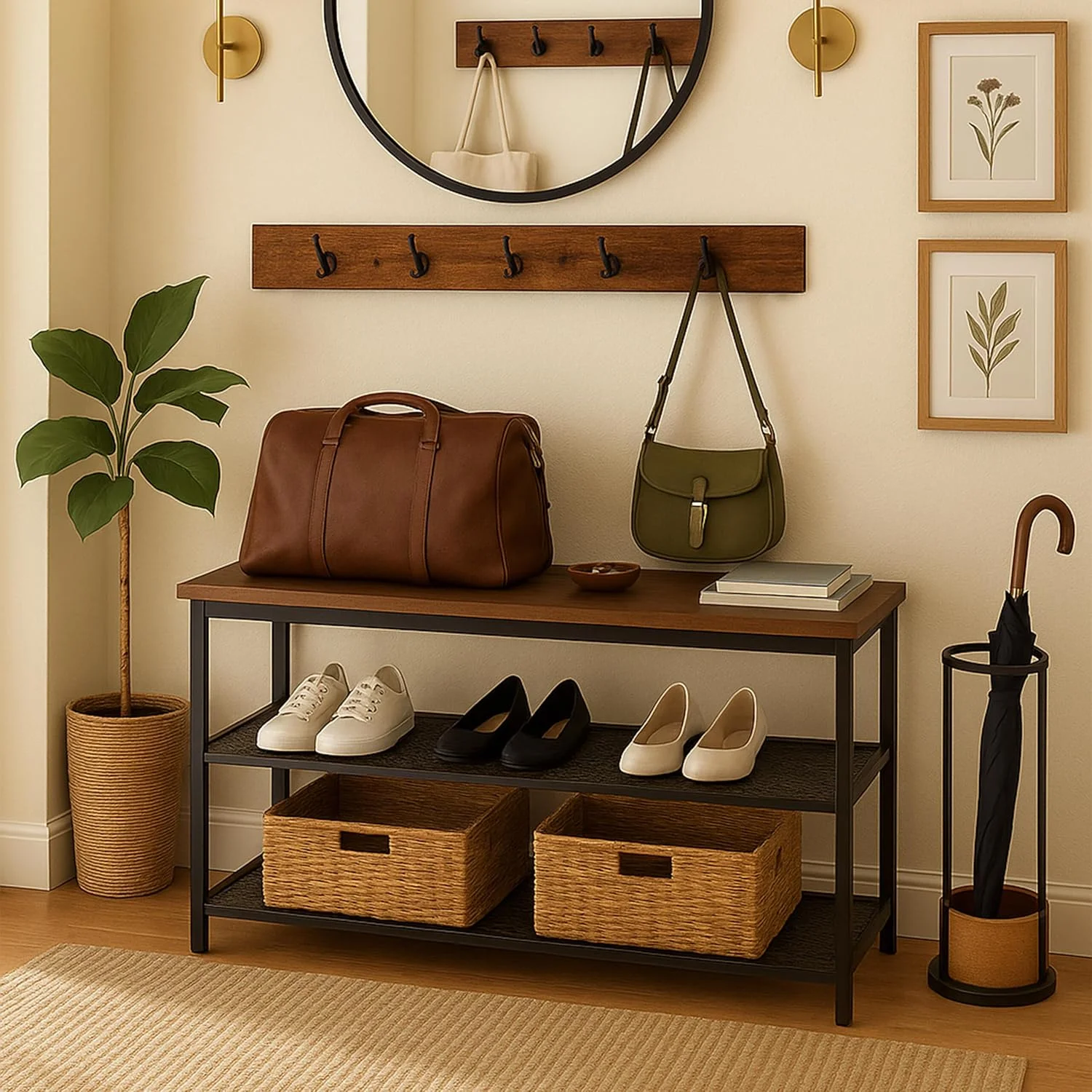 جاکفشی Relaxdays با رخت آویز، جاکفشی، برای 6 جفت کفش، ارتفاع x عرض x عمق: 45 x 80 x 30 سانتی متر، رخت آویز قلاب دار، صنعتی، مشکی/قهوه ای جاکفشی Relaxdays با رخت آویز، جاکفشی، برای 6 جفت کفش، ارتفاع x عرض x عمق: 45 x 80 x 30 سانتی متر، رخت آویز قلاب دار، صنعتی، مشکی/قهوه ای