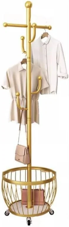 رخت آویز، پایه رخت آویز، رخت آویز با سبد ذخیره سازی، رخت آویز با چرخ برای جابجایی آسان، مورد استفاده در اتاق خواب، اتاق نشیمن، دفتر برای آویزان کردن لباس، کلاه، کیف (رنگ: طلایی)
