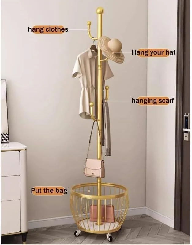رخت آویز دیواری، رخت آویز مقاوم و صرفه جویی در فضا، میله لباس جداشدنی، گوشه ای با سبد ذخیره سازی (طلایی)