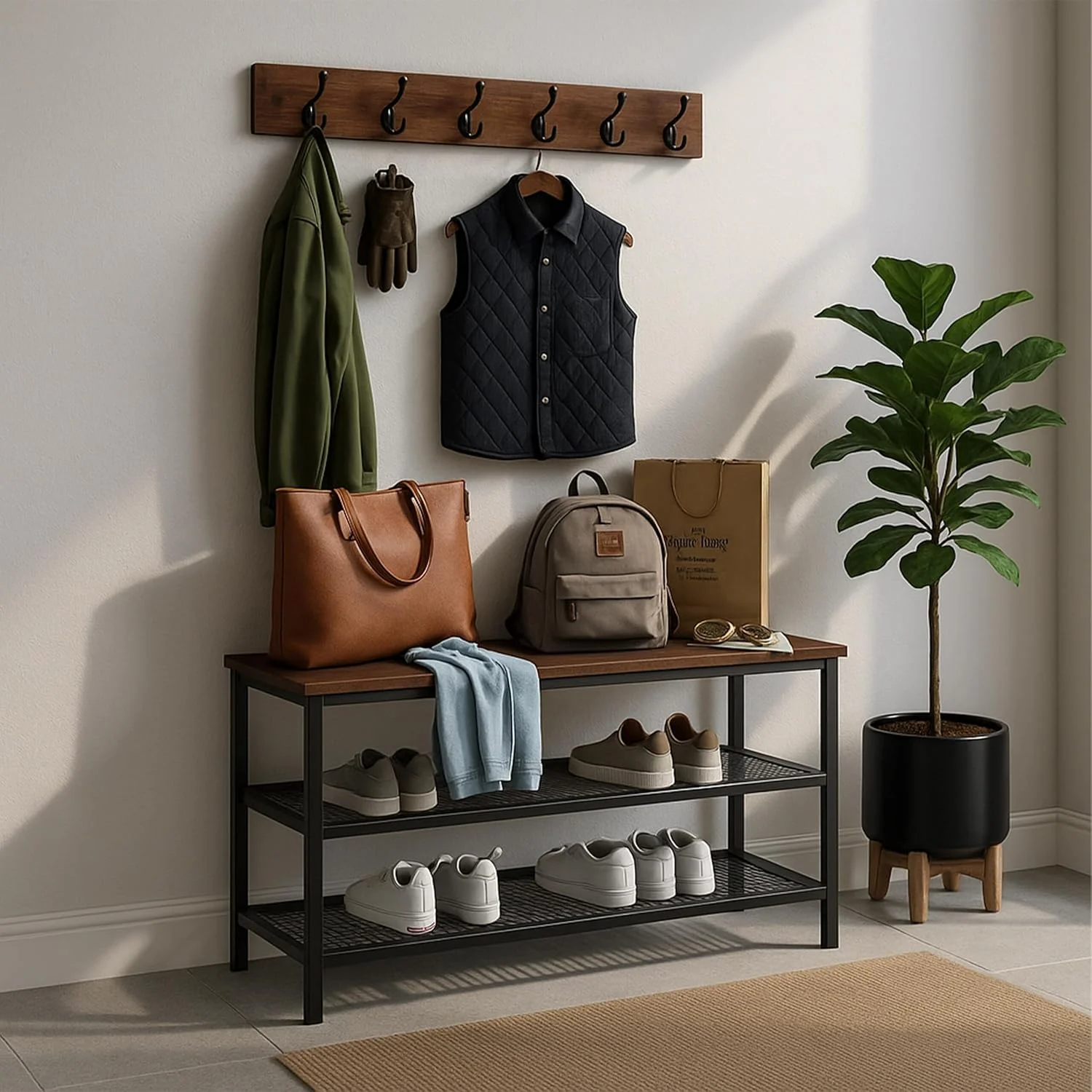 جاکفشی Relaxdays با رخت آویز، جاکفشی، برای 6 جفت کفش، ارتفاع x عرض x عمق: 45 x 80 x 30 سانتی متر، رخت آویز قلاب دار، صنعتی، مشکی/قهوه ای جاکفشی Relaxdays با رخت آویز، جاکفشی، برای 6 جفت کفش، ارتفاع x عرض x عمق: 45 x 80 x 30 سانتی متر، رخت آویز قلاب دار، صنعتی، مشکی/قهوه ای