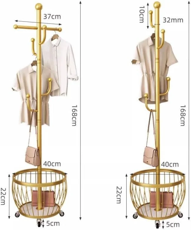 رخت آویز، پایه رخت آویز، رخت آویز با سبد ذخیره سازی، رخت آویز با چرخ برای جابجایی آسان، مورد استفاده در اتاق خواب، اتاق نشیمن، دفتر برای آویزان کردن لباس، کلاه، کیف (رنگ: طلایی)