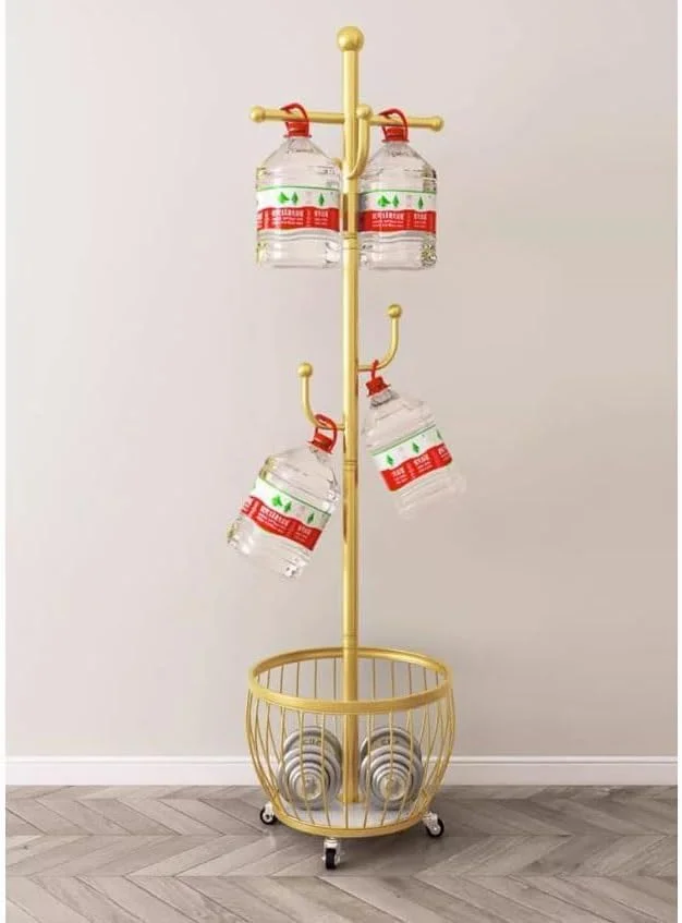 رخت آویز، پایه رخت آویز، رخت آویز با سبد ذخیره سازی، رخت آویز با چرخ برای جابجایی آسان، مورد استفاده در اتاق خواب، اتاق نشیمن، دفتر برای آویزان کردن لباس، کلاه، کیف (رنگ: طلایی)