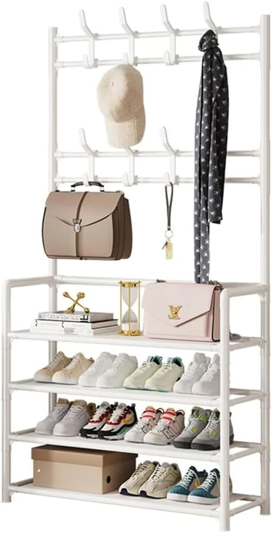 چوب لباسی فلزی ساده چند منظوره ایستاده با ۸ آویز برای لباس، کلاه، شال، جاکلیدی، ترکیب کمد و جاکفشی، مناسب راهرو، ورودی منزل، اتاق نشیمن، با طراحی صنعتی