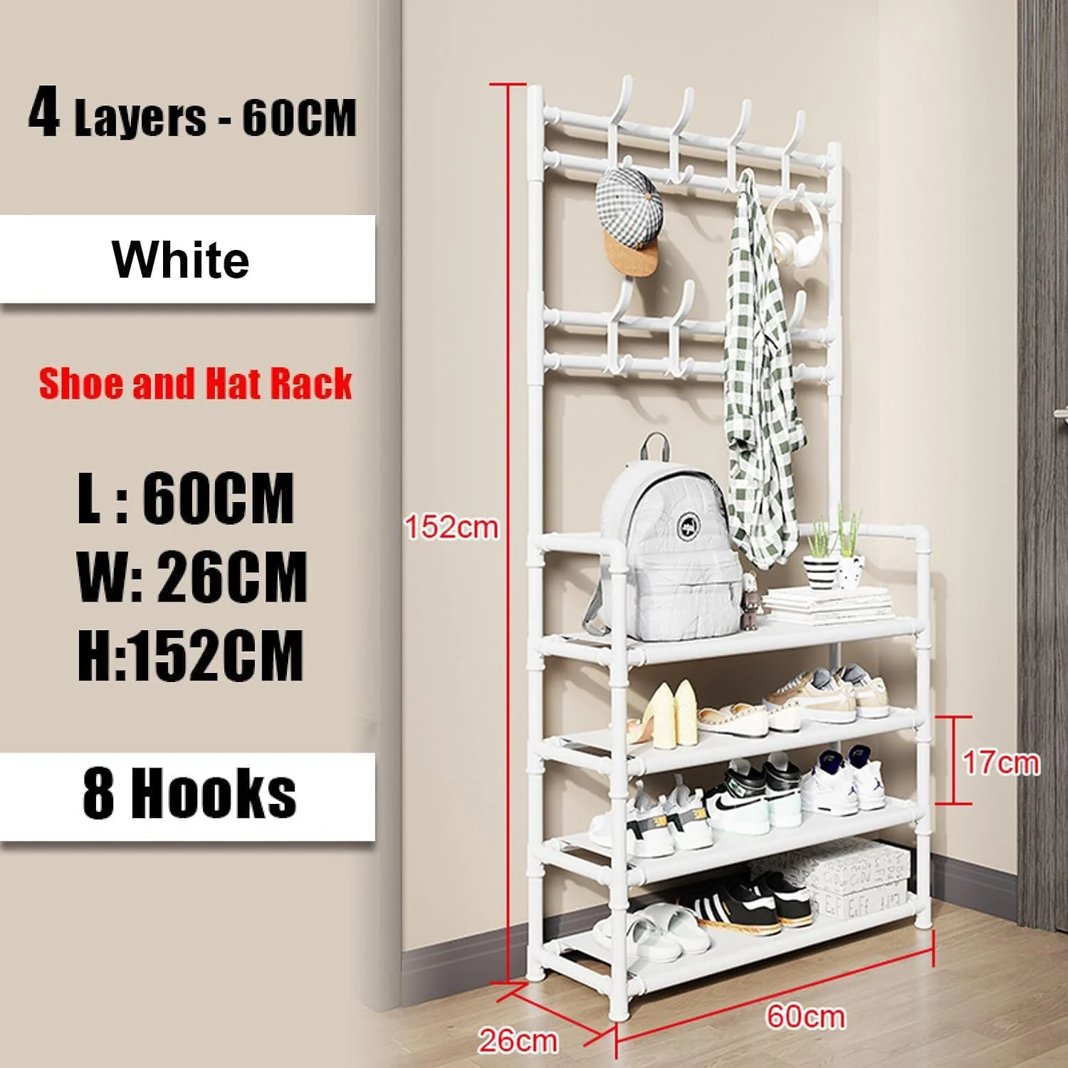 چوب لباسی فلزی ساده چند منظوره ایستاده با ۸ آویز برای لباس، کلاه، شال، جاکلیدی، ترکیب کمد و جاکفشی، مناسب راهرو، ورودی منزل، اتاق نشیمن، با طراحی صنعتی