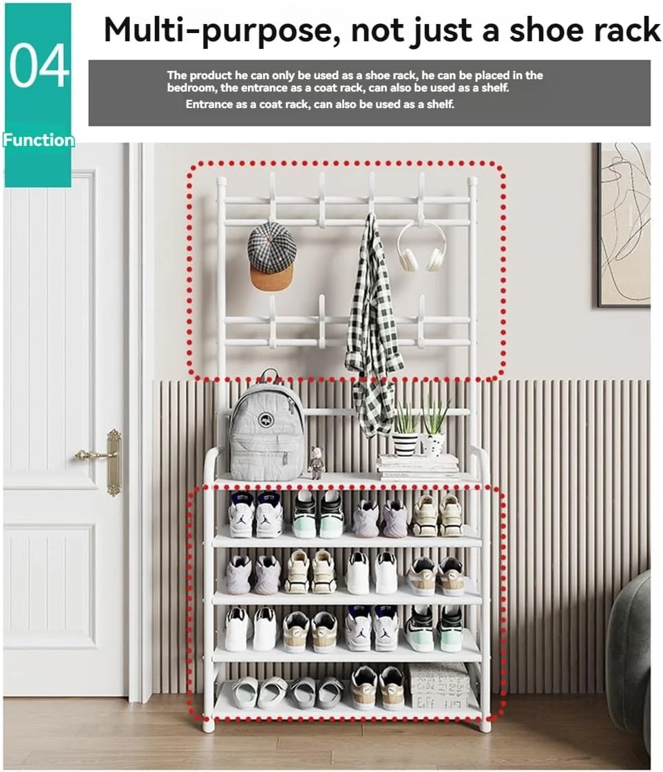 چوب لباسی فلزی ساده چند منظوره ایستاده با ۸ آویز برای لباس، کلاه، شال، جاکلیدی، ترکیب کمد و جاکفشی، مناسب راهرو، ورودی منزل، اتاق نشیمن، با طراحی صنعتی