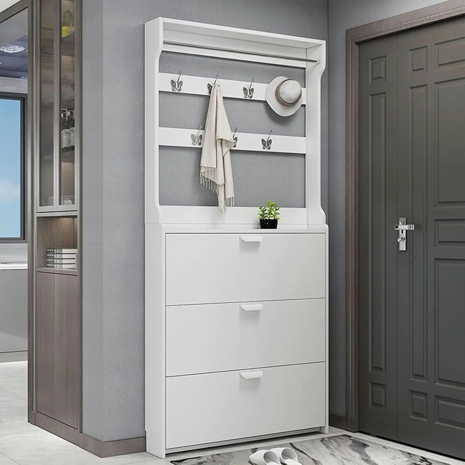 جاکفشی سه کشویی به همراه آویز لباس و قفسه مستقل برای ورودی منزل، رنگ سفید (D-50X17X208Cm)