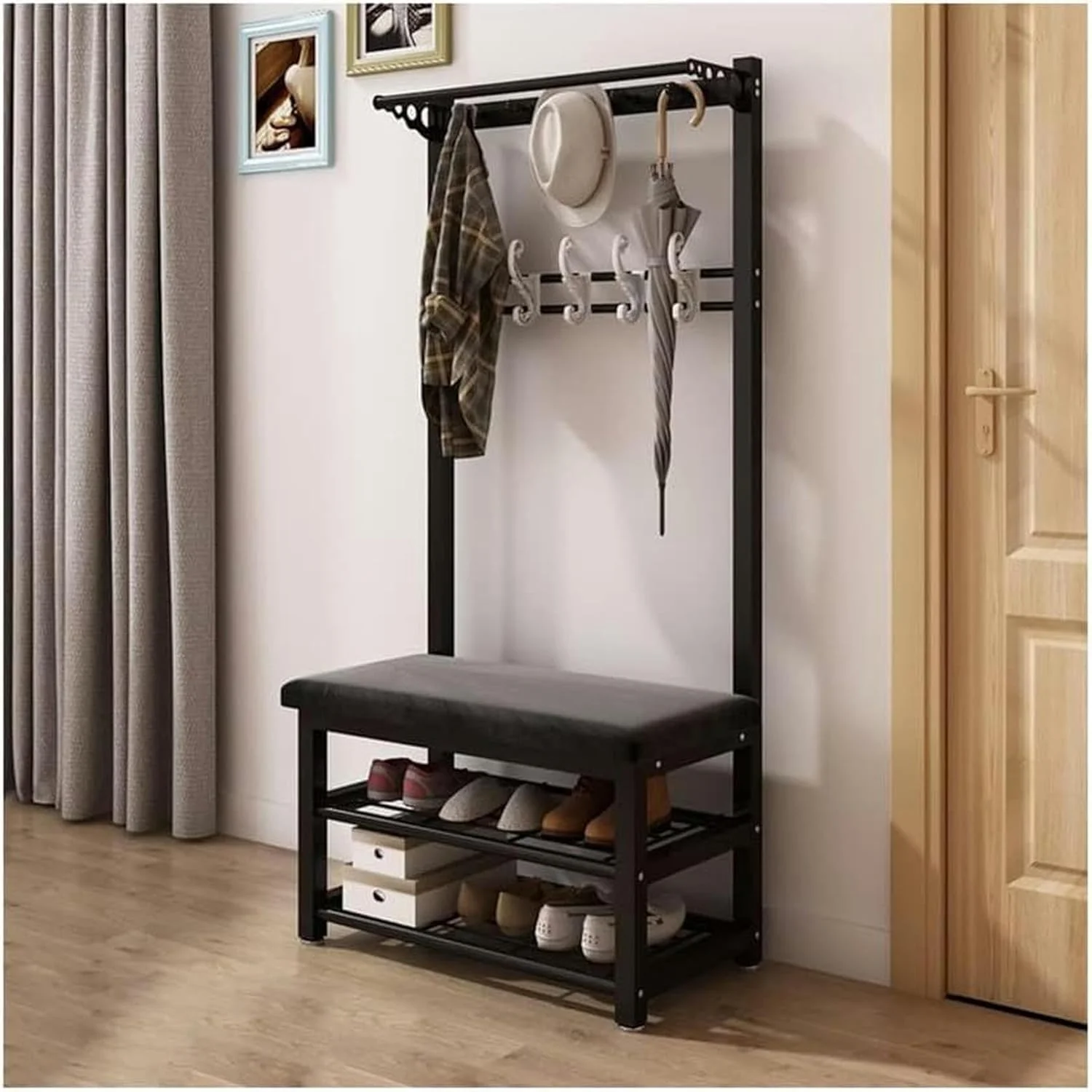 آویز لباس، چوب لباسی، رخت آویز، جاکفشی، ورودی، انبار، طراحی 4 در 1، با قلاب های آویز، مبلمان صنعتی با قفسه پایدار (مشکی-80X33X172 سانتی متر)