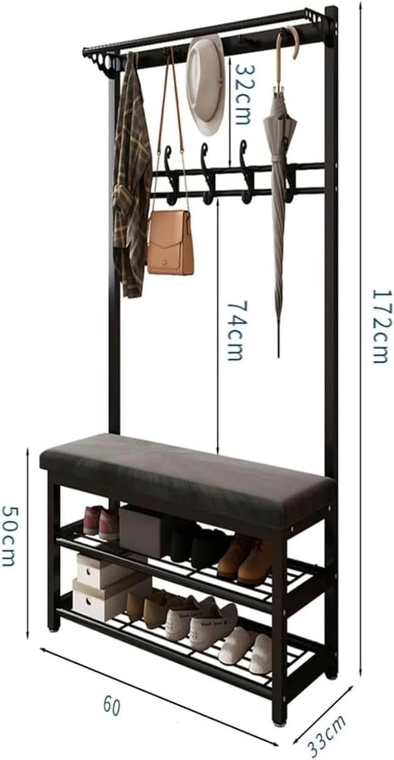 آویز لباس، چوب لباسی، رخت آویز، جاکفشی، ورودی، انبار، طراحی 4 در 1، با قلاب های آویز، مبلمان صنعتی با قفسه پایدار (مشکی-80X33X172 سانتی متر)